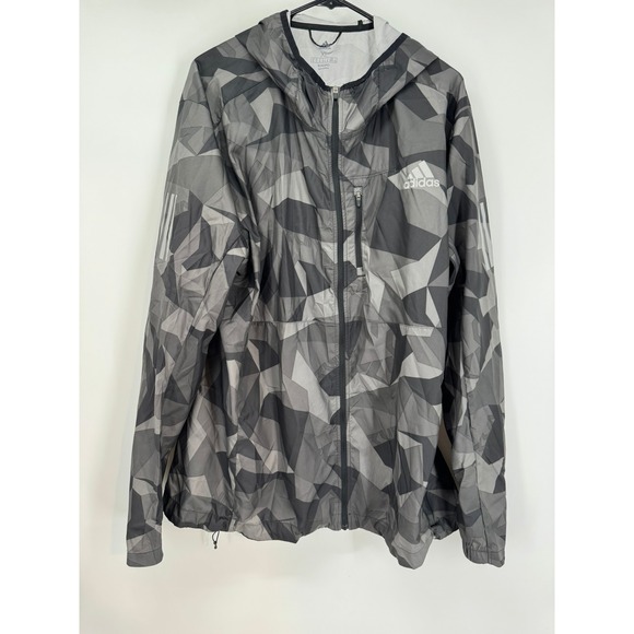Adidas XL Running Jacket Mens Zip Hooded Gray Geometric Windbreaker Own The Run - Picture 1 of 9